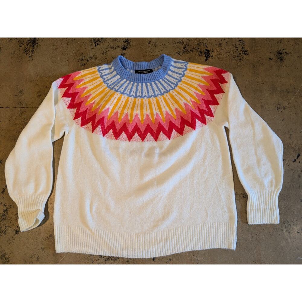 French Connection Fair Isle Cream Sweater Color Burst Accent Sz XL Chic Stylish